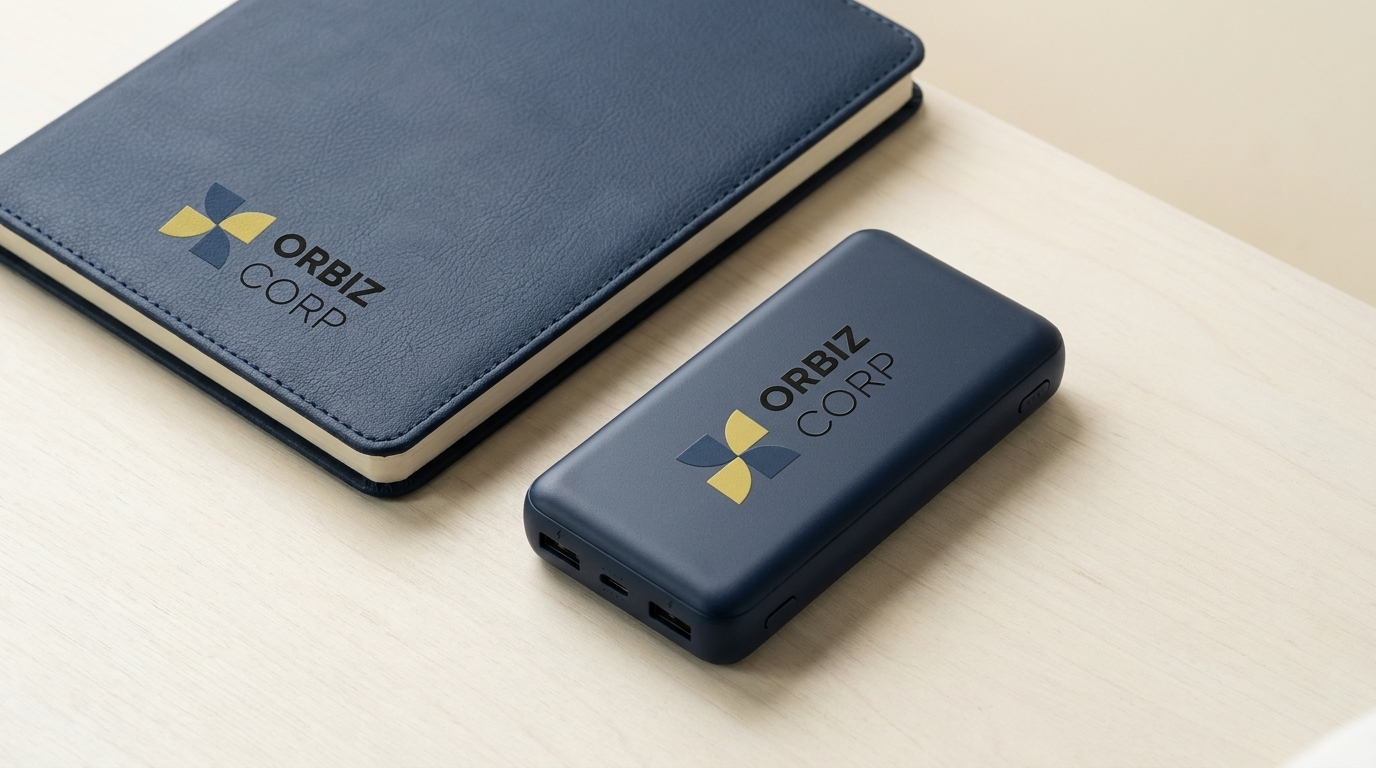 Orbiz Corp logo UV printed on a notebook and power bank